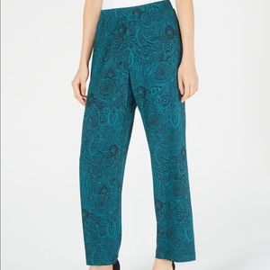NY Collection Teal Pull On Pants Petite Wide Leg
